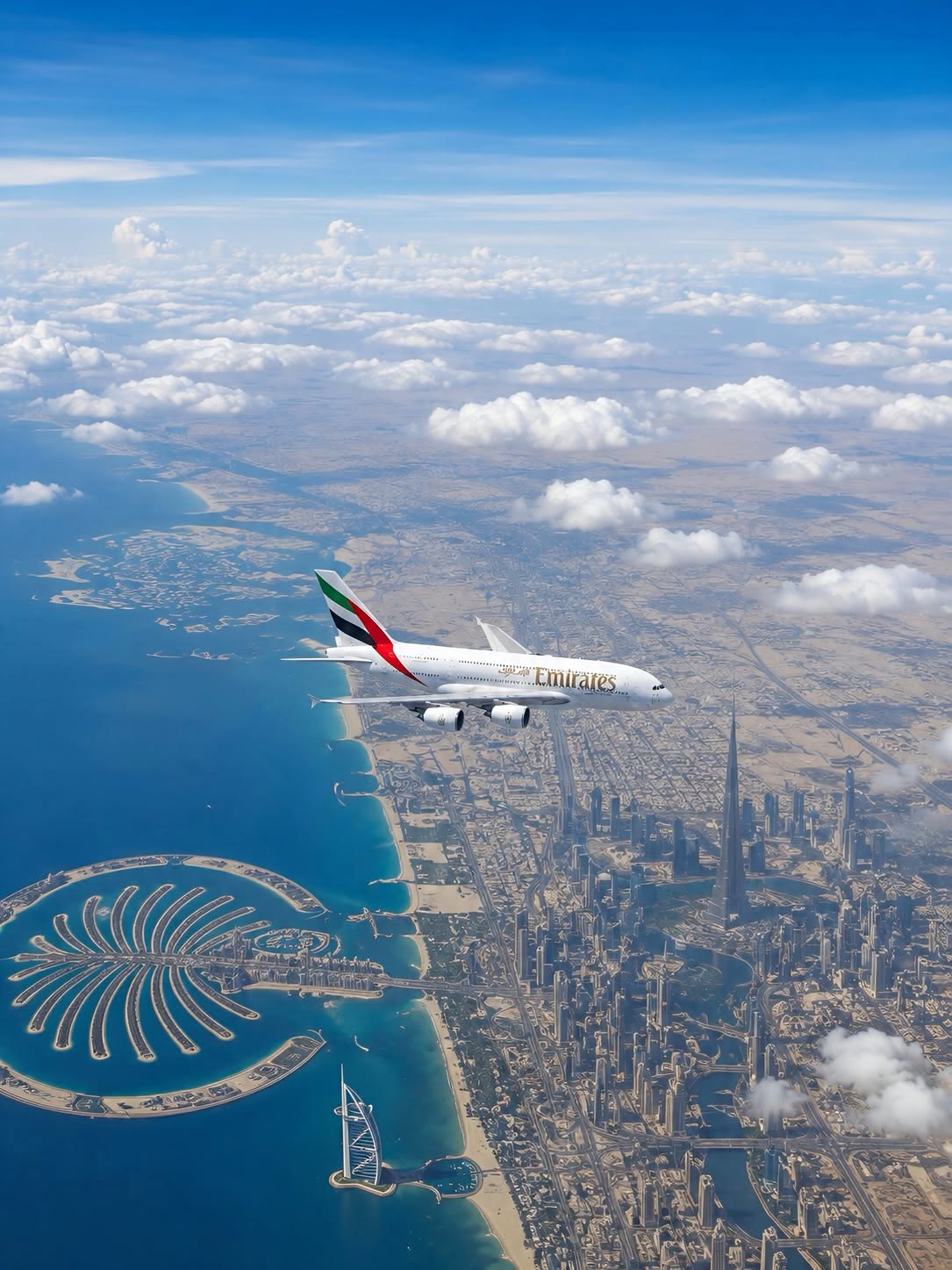 Avion long-courrier survolant Dubaï et l'île Palm Jumeirah