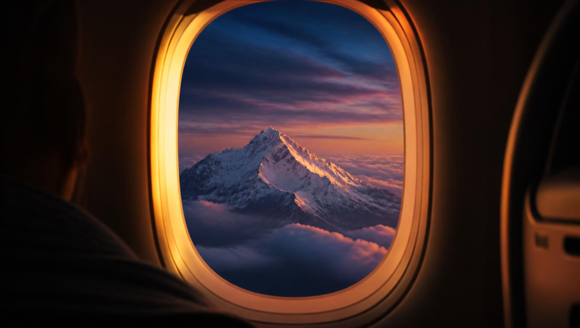 Vue d'un sommet enneigé depuis le hublot d'un avion au crépuscule